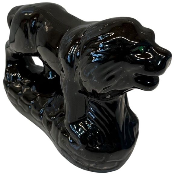 Vtg MCM Black Ceramic Stalking Lion Cat Figurine Green Eyes 9” Gloss Art Rare - Picture 2 of 16